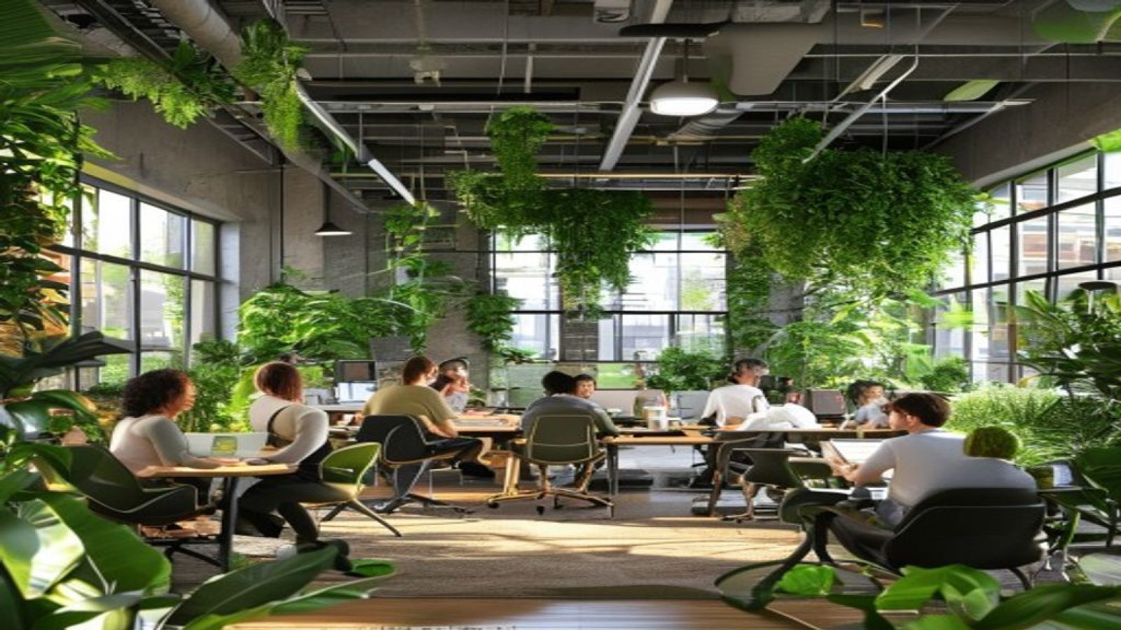 大屁股游戏网办公室全景，绿植环绕的开放式工作空间里团队成员正在协作讨论打屁股小游戏的新版本设计，氛围轻松活泼